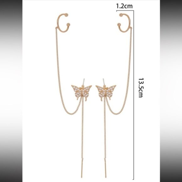 2pcs Cubic Zirconia Butterfly Decor Chain Linked Earring Yellow Gold Jewelry - Picture 3 of 6